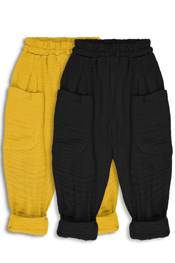 Black-Mustard Two-Piece Muslin Trouser Set