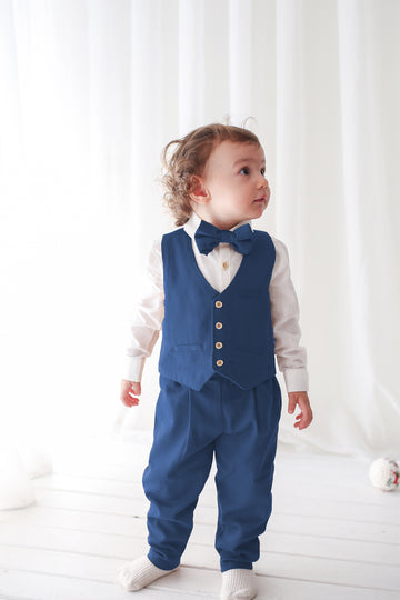 İndigo Gabardin Yelek+Pantolon+Gömlek+Papyon