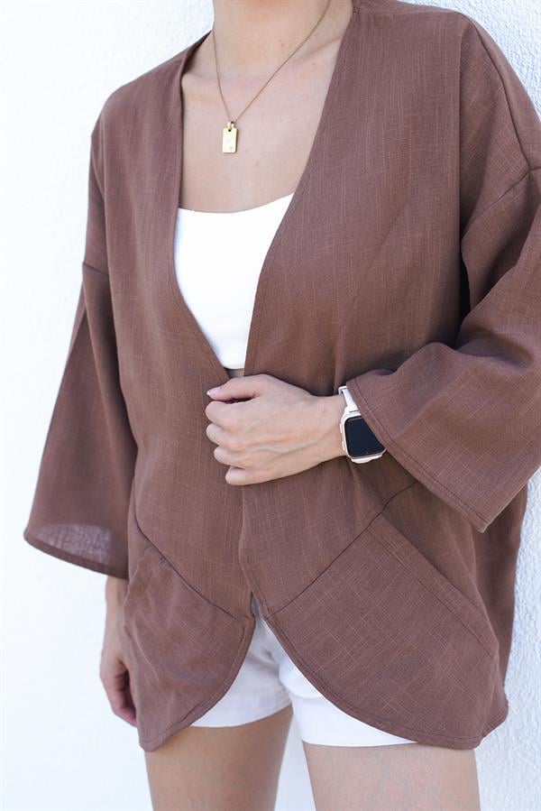 Kadın Ceket + Kahve Vera Keten Short Kimono