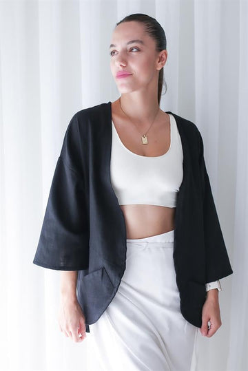 Kadın Ceket + Siyah Vera Keten Short Kimono
