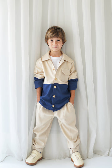 Krem Lacivert Retro Ceket + Krem Gabardin Carrot Pantolon