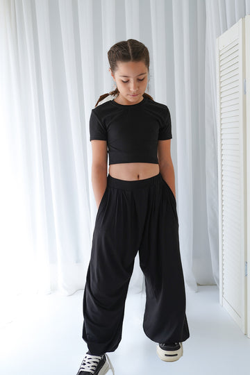 Siyah Viskon Flowy Pant - Kız Çocuk