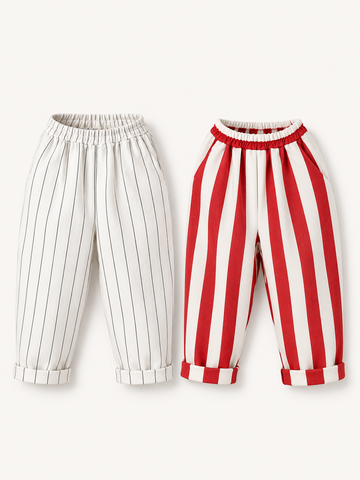 Two-Piece Set of White Linen and Blue Plaid Linen Carrot Trousers