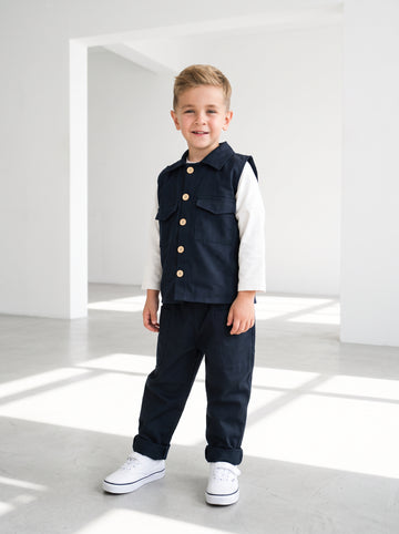 2'Li Set Siyah Gabardin Spor Yelek + Siyah Gabardin Boyfriend Pantolon