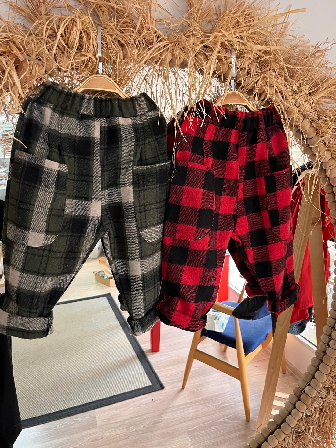 2'li Paket Yumuşak Kaşe 2'li Boyfriend Pantolon Haki Ekose & Kırmızı Ekose