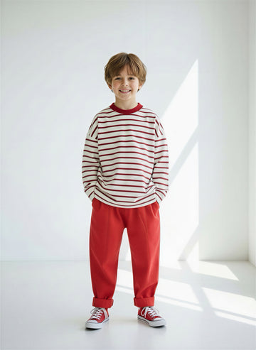 Kırmızı Gabardin Carrot + Kırmızı Beyaz Çizgili Sweat