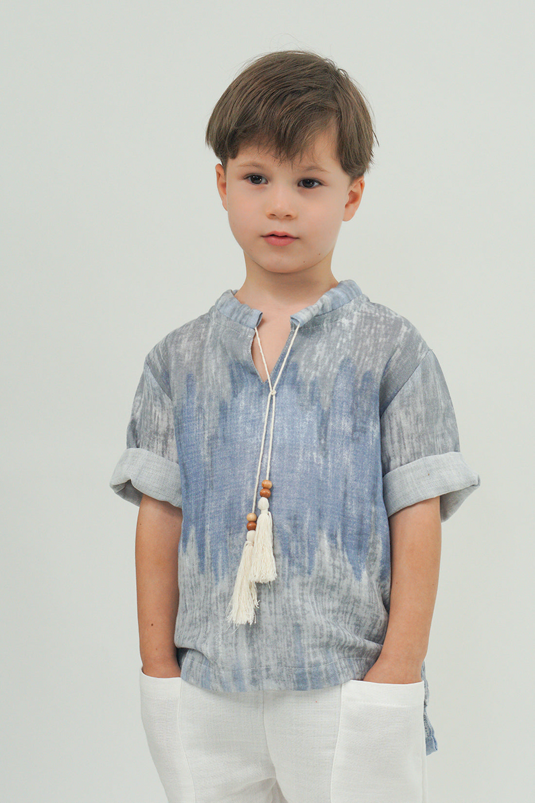 Batik Mavi Müslin İpli Gömlek - Ekru Müslin Boyfriend Pantolon Takım