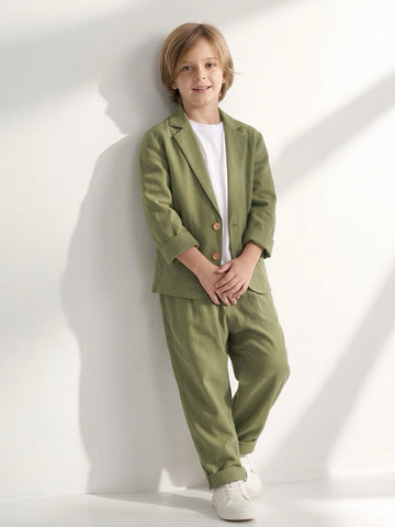 Almond Green Linen Casual Jacket + Almond Green Linen Carrot Trousers
