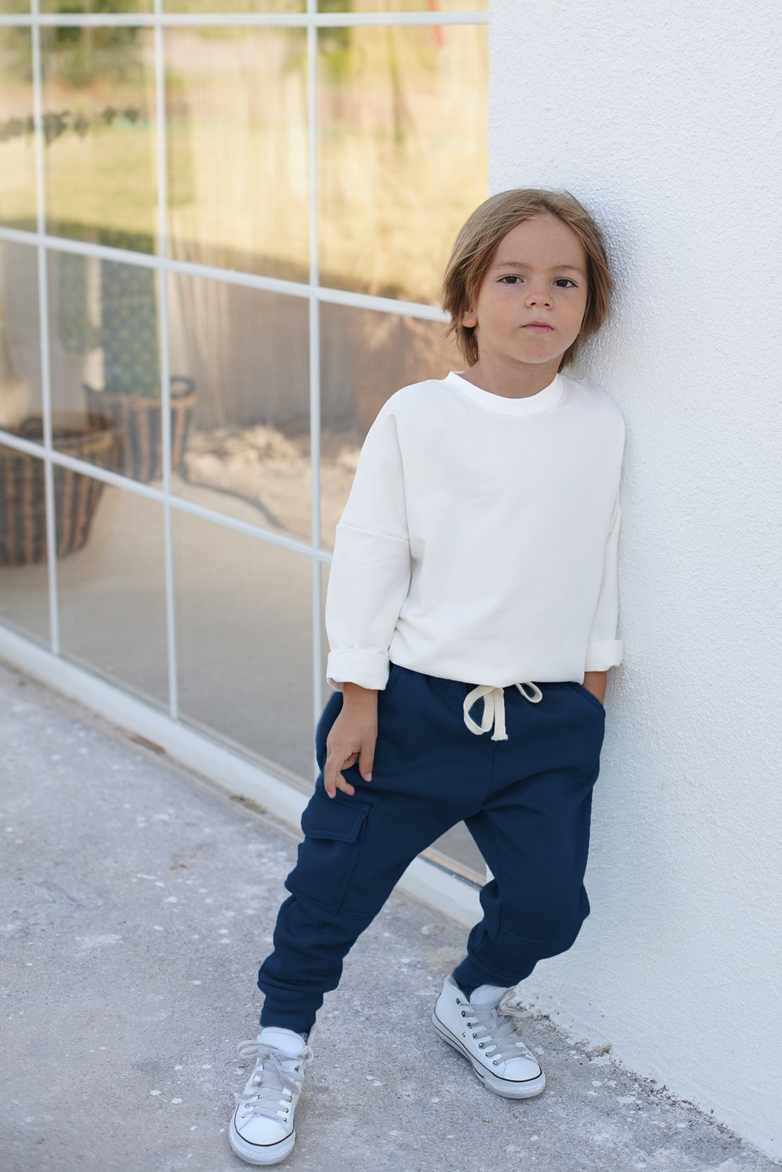 Çocuk Eşofman Takım - Lacivert 3 İplik Şardonlu Yandan Cepli Eşofman - Krem Penye Sweat (Kopya)