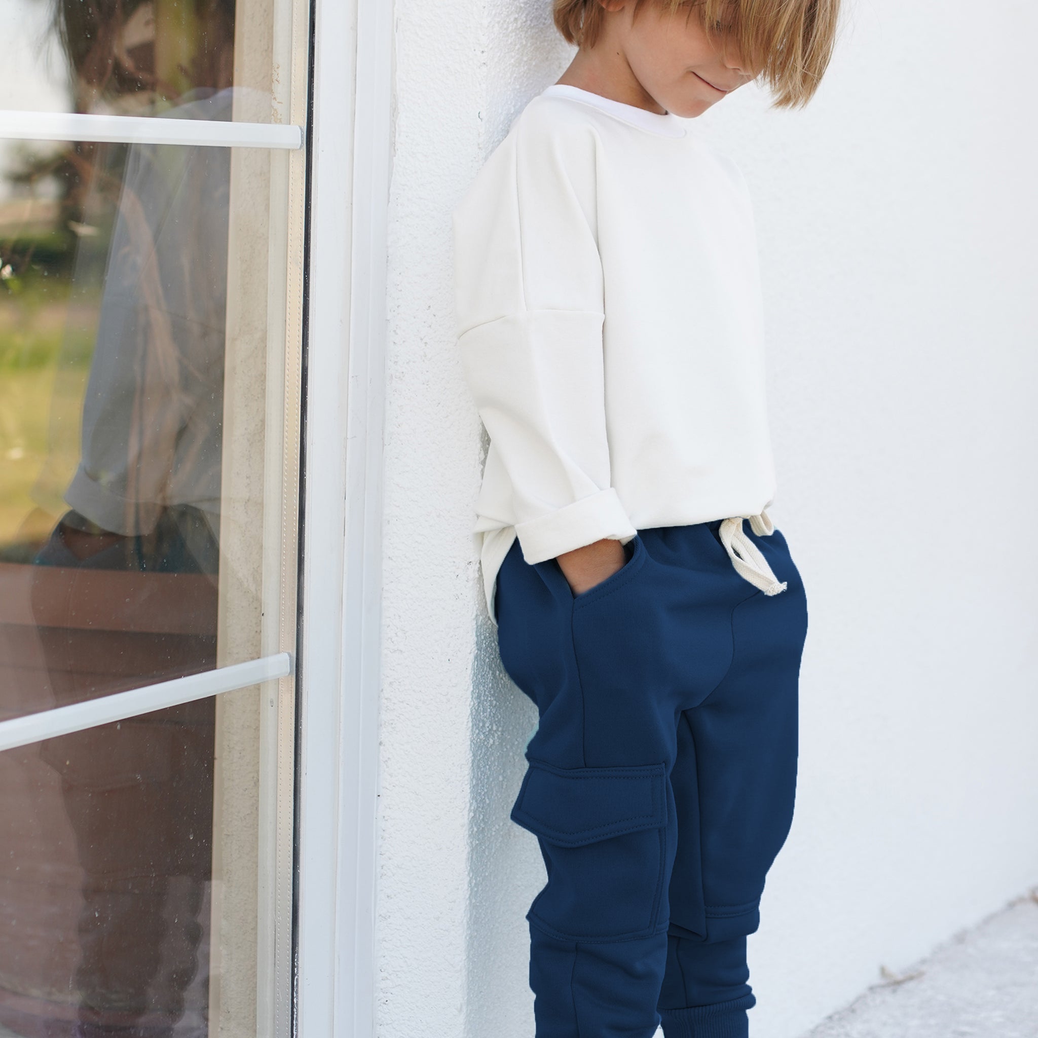 Çocuk Eşofman Takım - Lacivert 3 İplik Şardonlu Yandan Cepli Eşofman - Krem Penye Sweat (Kopya)