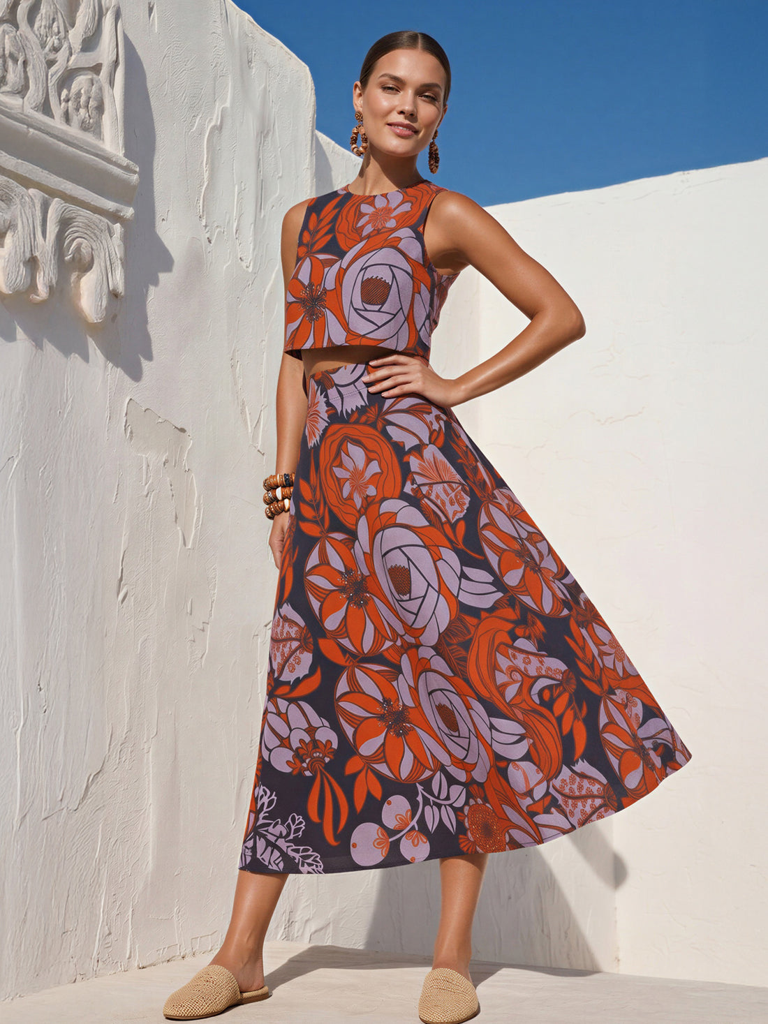 Çiçek Desenli Midi Etek ve Kolsuz Crop Bluz Takım