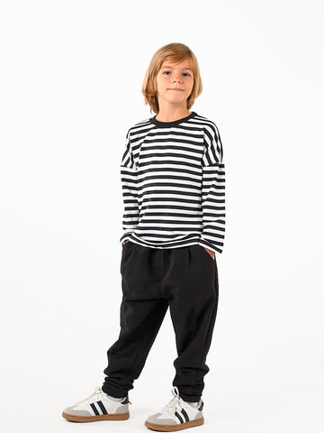 Siyah Beyaz Çizgili 3 İplik Sweat- Siyah İnterlok Carrot Eşofman