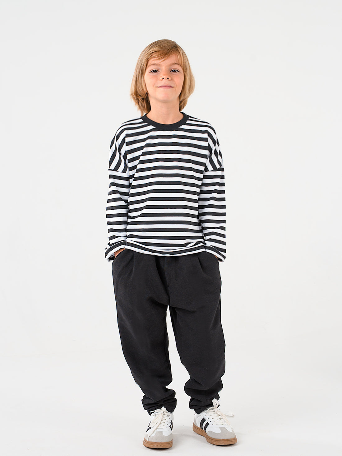 Siyah Beyaz Çizgili 3 İplik Sweat- Siyah İnterlok Carrot Eşofman