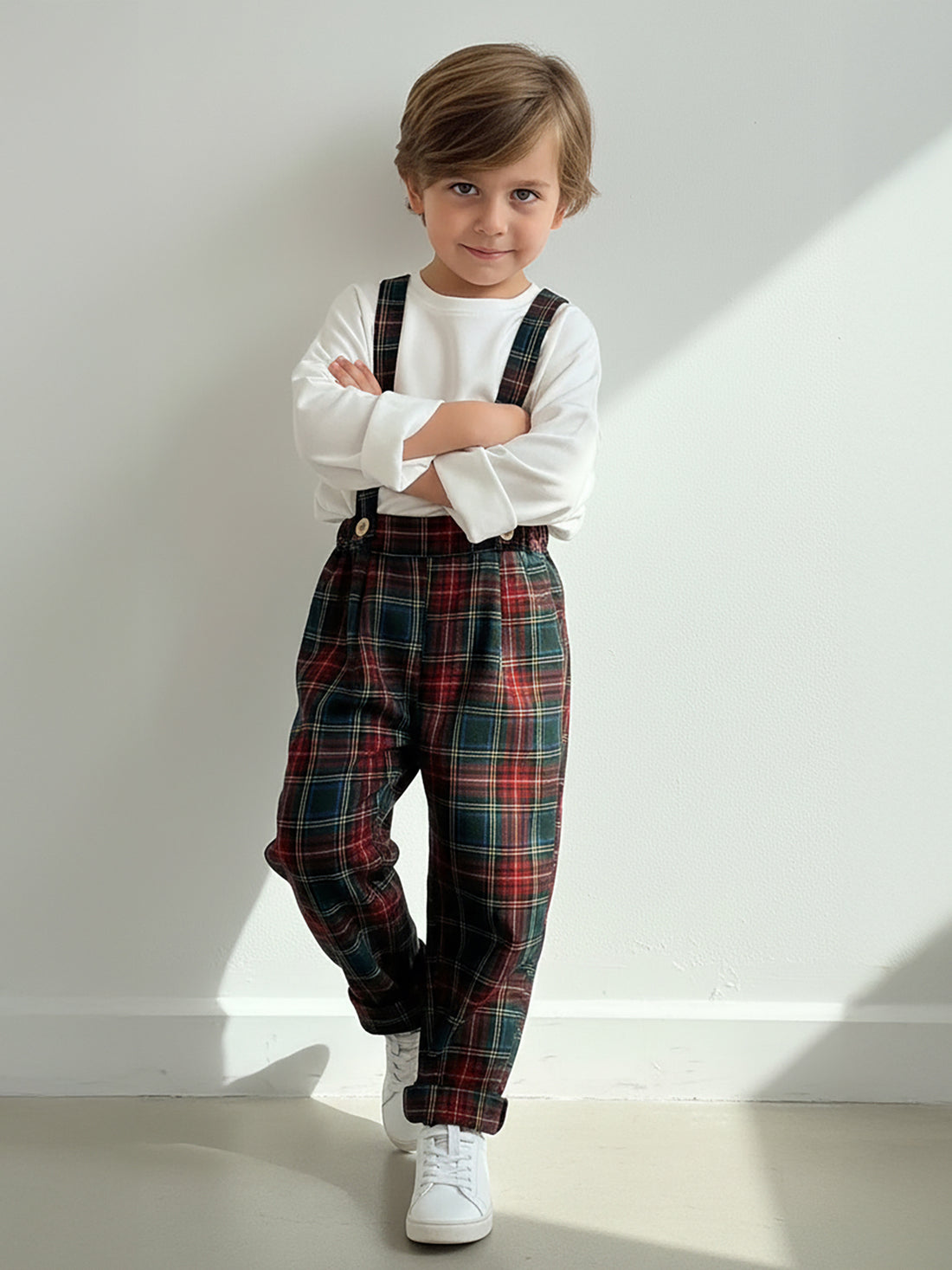 Kırmızı Ekose Desen Askılı Pantolon