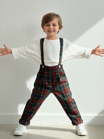 Kırmızı Ekose Desen Askılı Pantolon