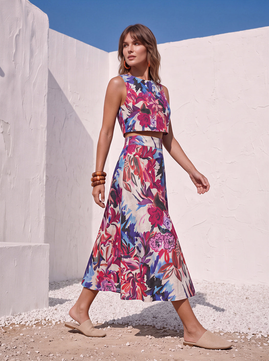 Fuşya Mavi Çiçekli Midi Etek ve Kolsuz Crop Bluz Takım