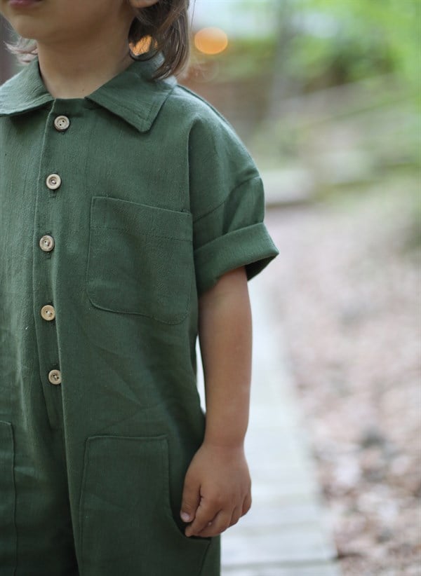 Haki Keten Yakalı Kısa Kollu Tulum