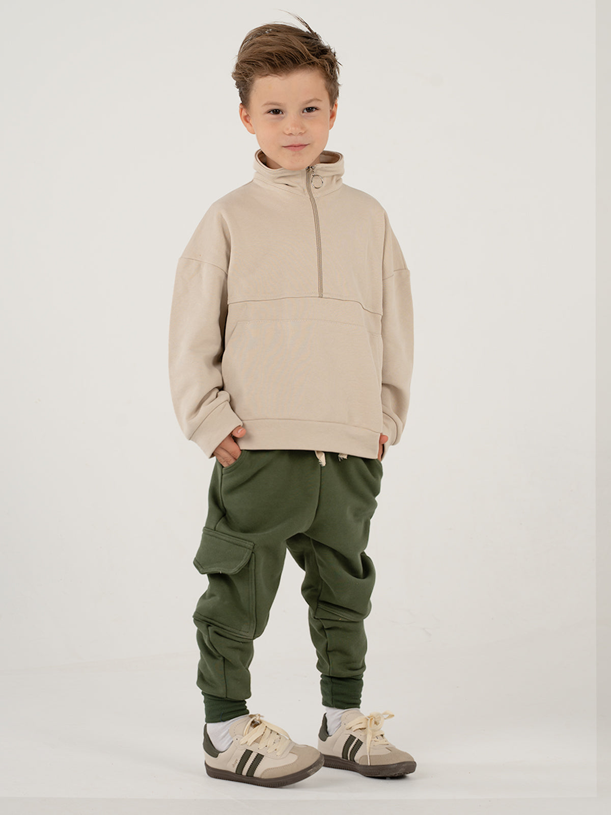 Çağla 3 İplik  Yandan Cepli Eşofman - Krem Fermuarlı Sweat