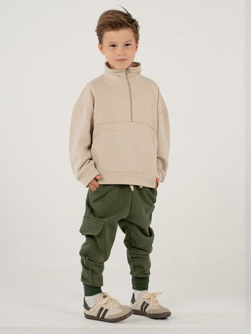 Çağla 3 İplik  Yandan Cepli Eşofman - Krem Fermuarlı Sweat