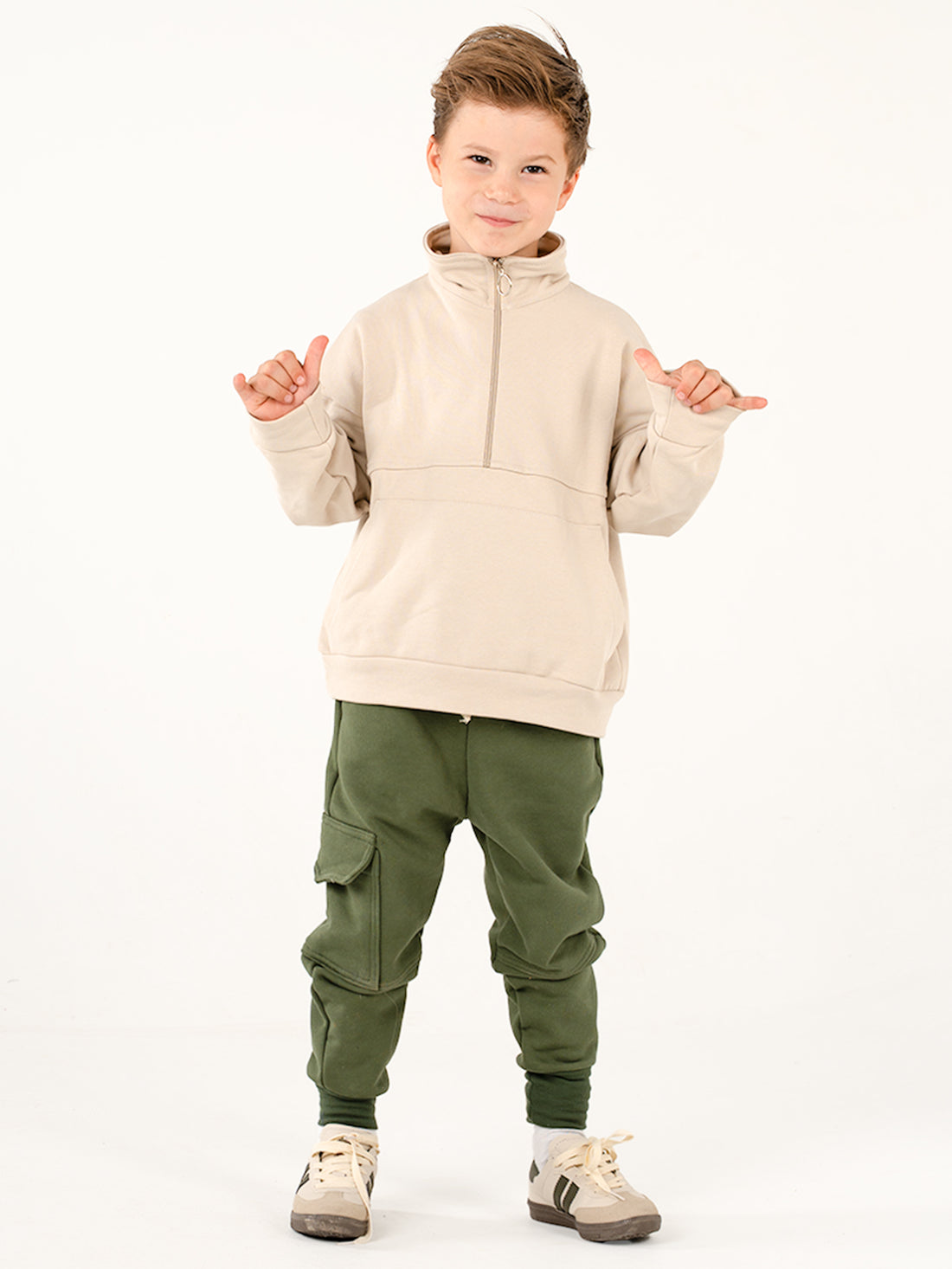 Çağla 3 İplik  Yandan Cepli Eşofman - Krem Fermuarlı Sweat