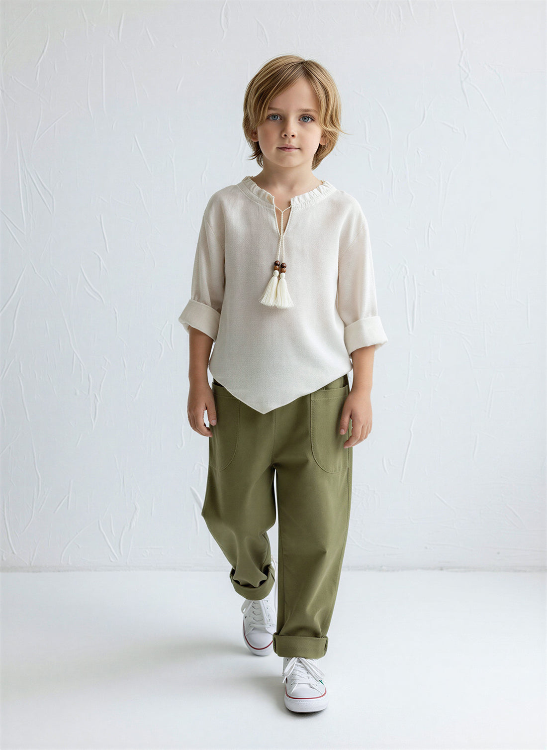 Haki Keten Boyfriend Pantolon + Krem Keten İpli Gömlek