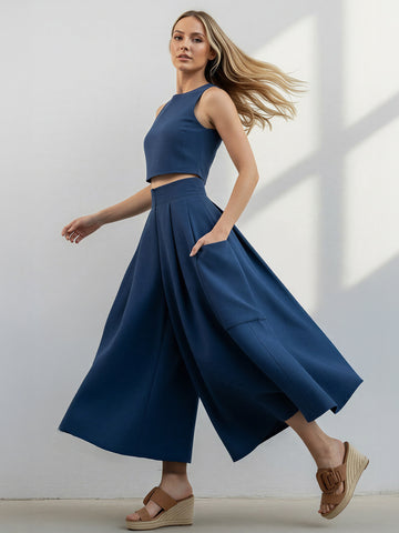 İndigo Keten Kali Kargo Pantolon ve Crop Bluz Takım