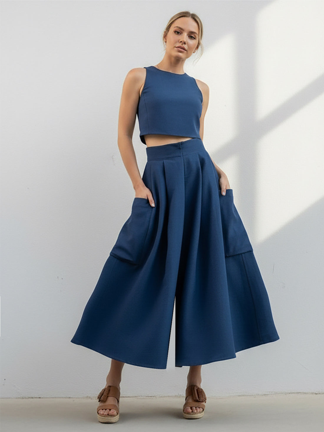 İndigo Keten Kali Kargo Pantolon ve Crop Bluz Takım