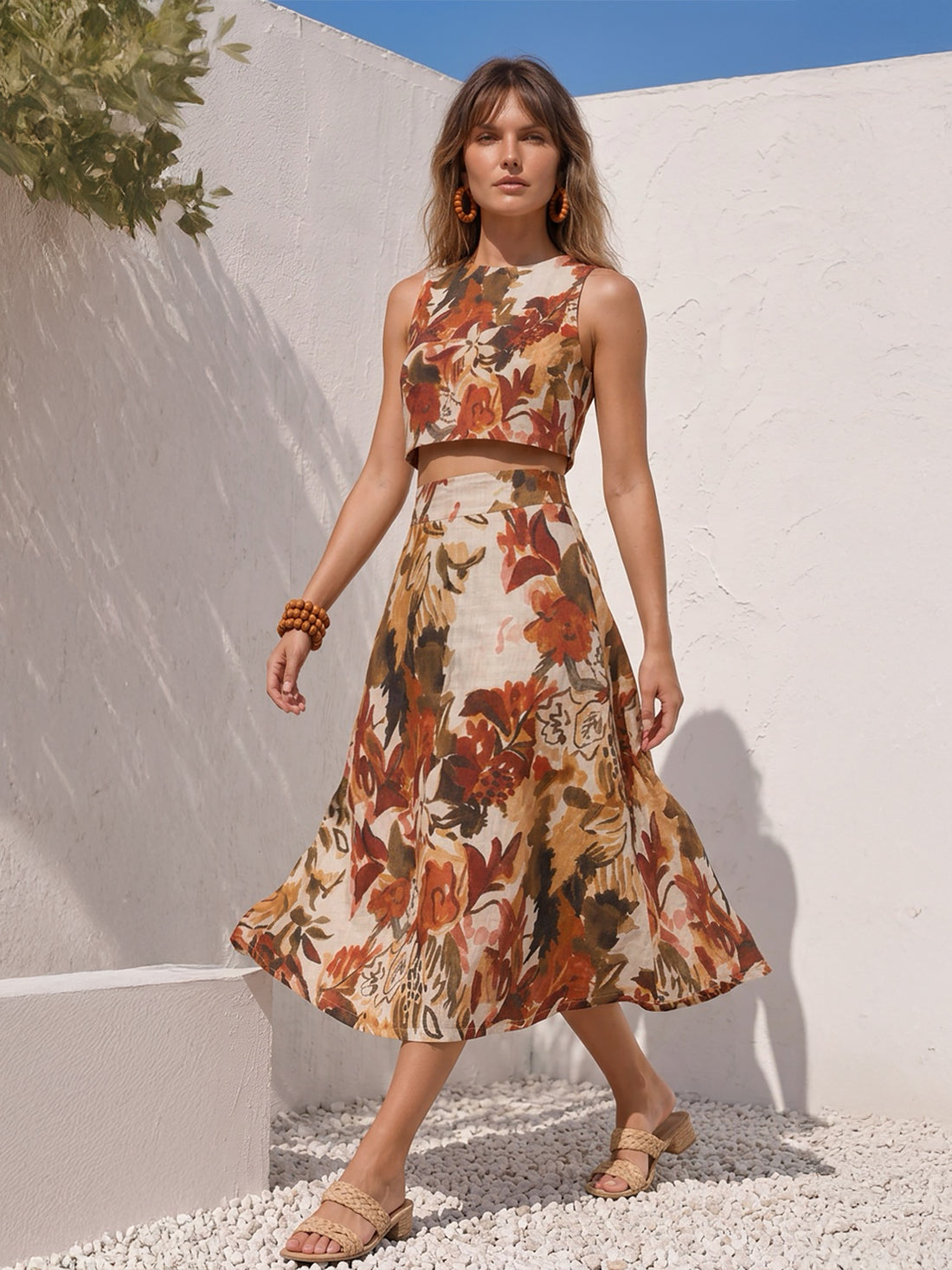 Kahverengi Çiçekli Midi Etek ve Kolsuz Crop Bluz Takım