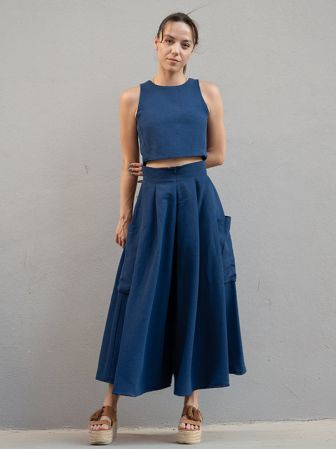 İndigo Keten Kali Kargo Pantolon ve Crop Bluz Takım