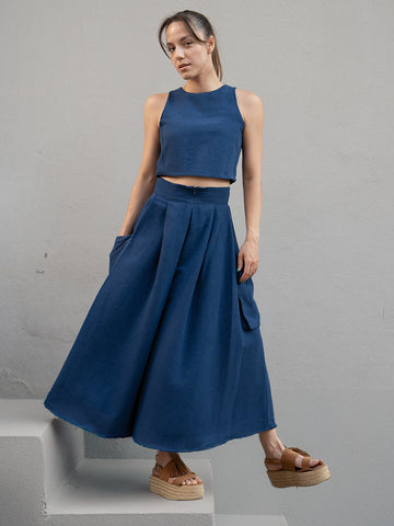 İndigo Keten Kali Kargo Pantolon ve Crop Bluz Takım