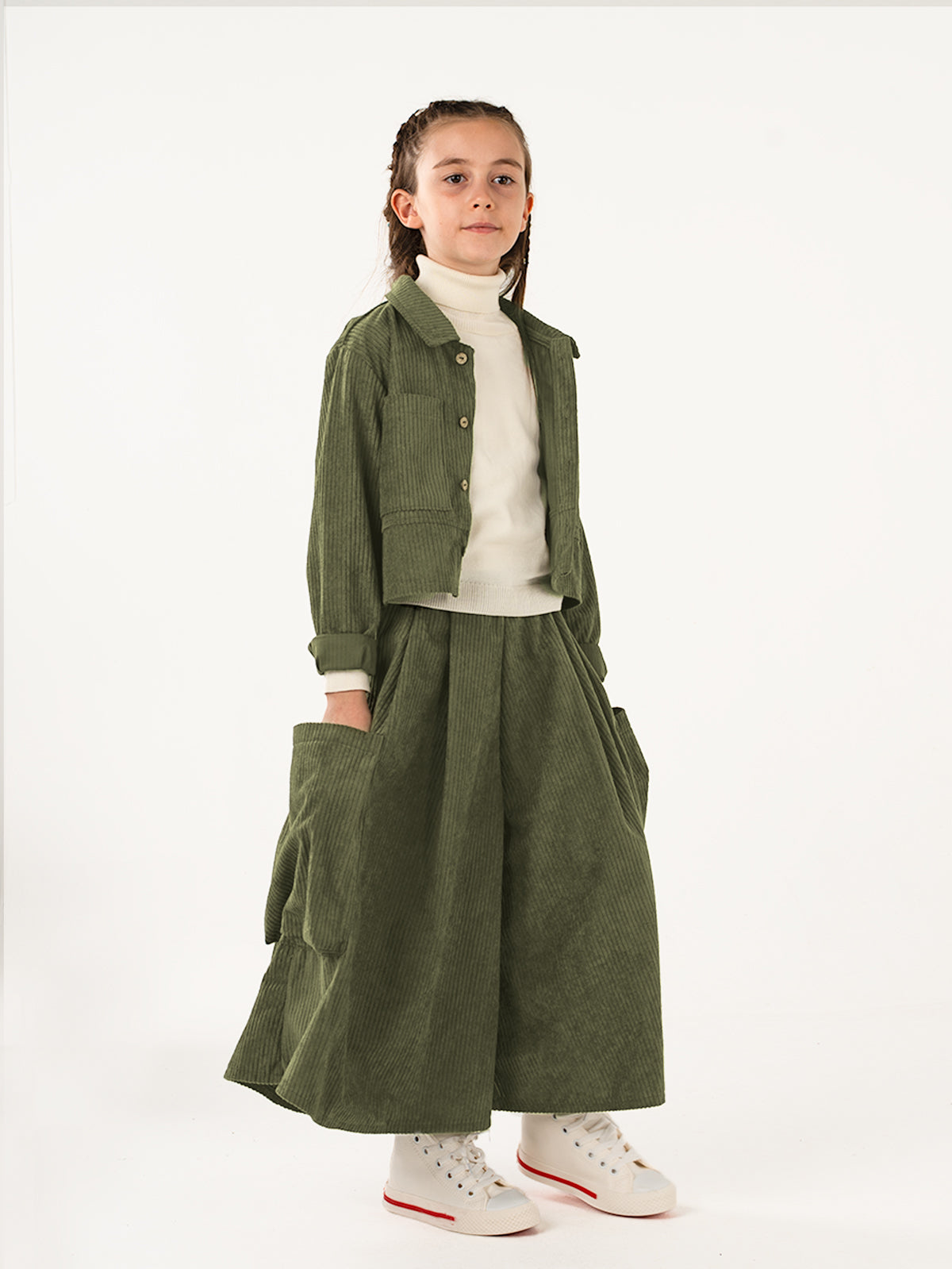 Kadife Kali Pantolon Etek + Crop Ceket Takım - Haki