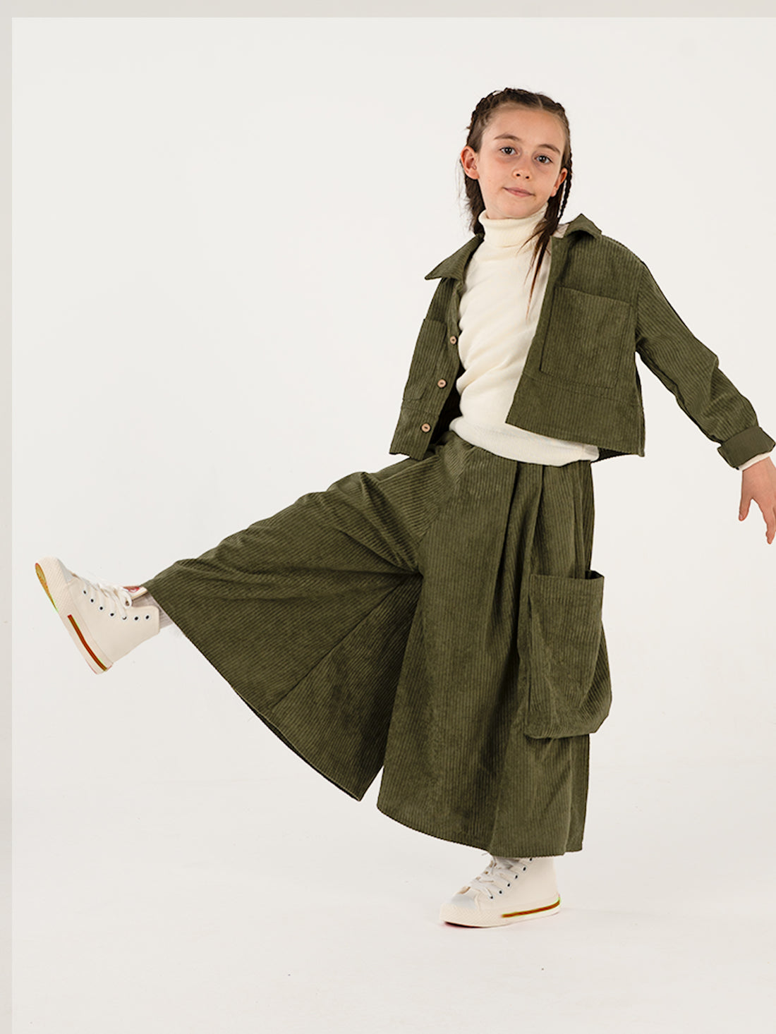 Kadife Kali Pantolon Etek + Crop Ceket Takım - Haki