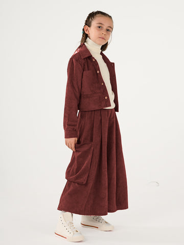 Kadife Kali Pantolon Etek + Crop Ceket Takım - BORDO