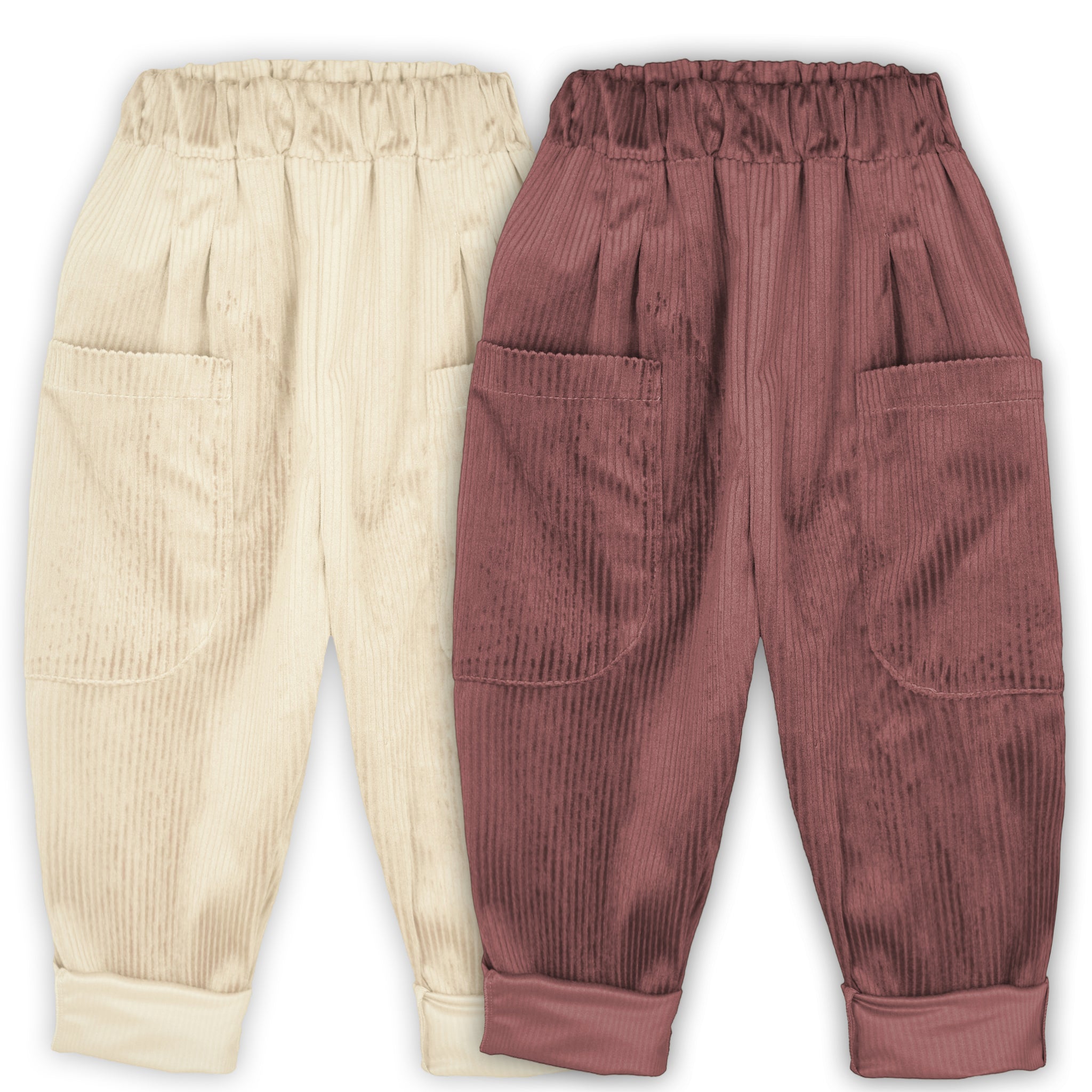 2'li Paket Yumuşak Kadife 2'li Boyfriend Pantolon Krem & Bordo