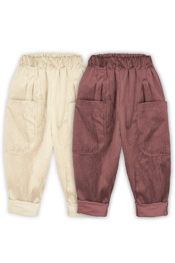 2'li Paket Yumuşak Kadife 2'li Boyfriend Pantolon Krem & Bordo