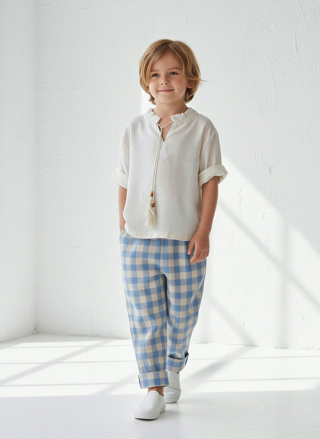 Mavi Krem Ekose Carrot Pantolon +  Krem Keten İpli Gömlek