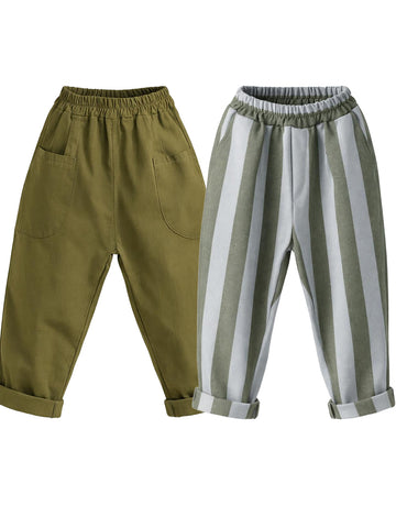Two-Piece Set of White Linen and Blue Plaid Linen Carrot Trousers