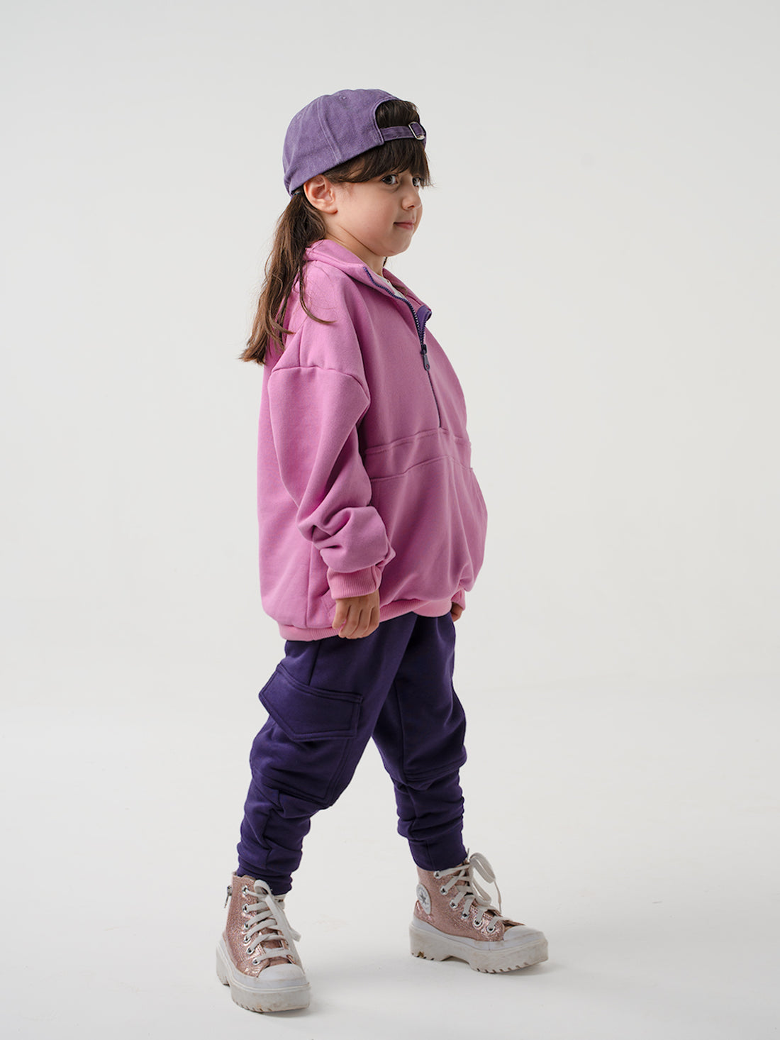 Mor 3 İplik  Yandan Cepli Eşofman - Lila Cepli  Sweat