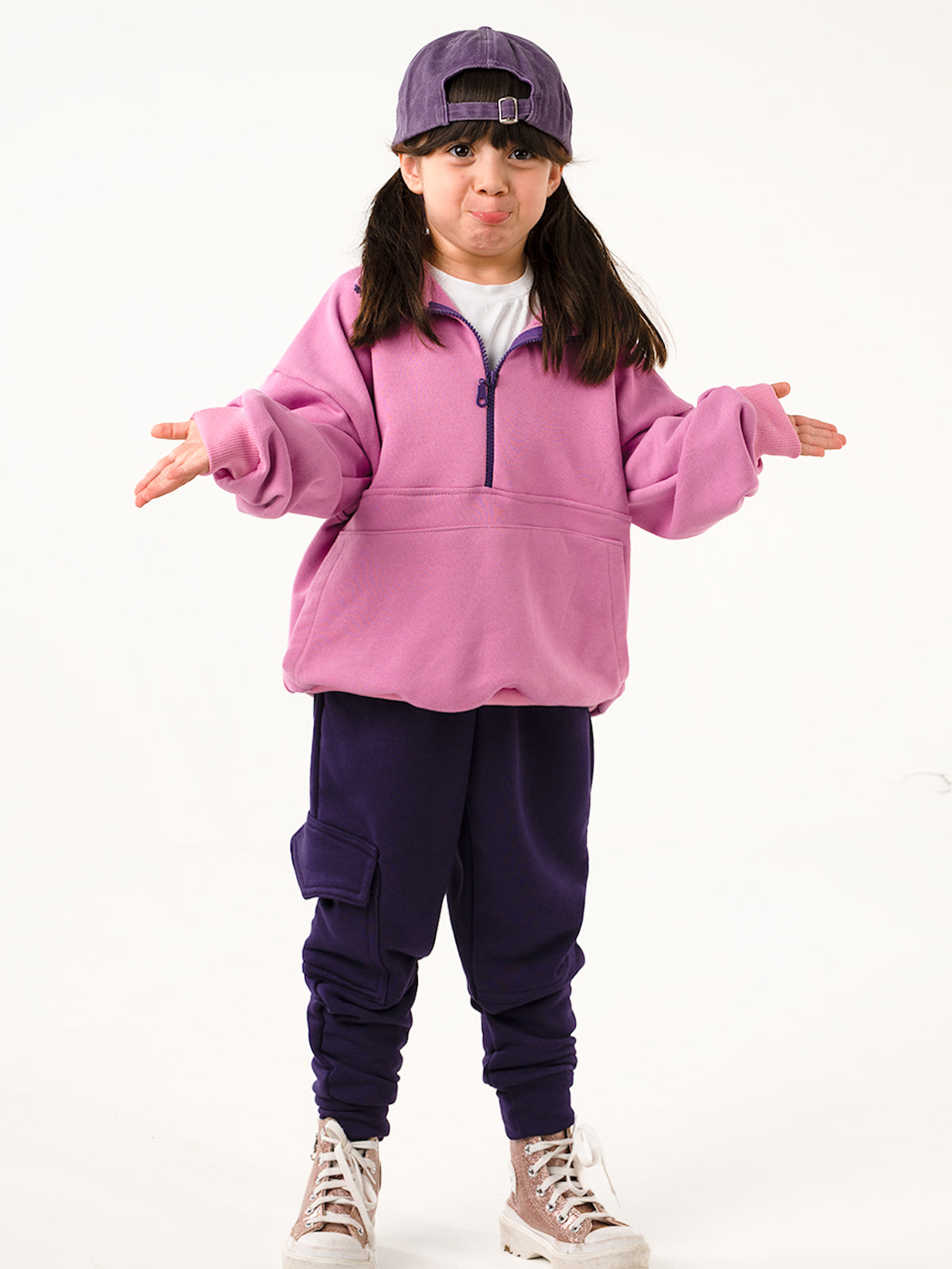 Mor 3 İplik  Yandan Cepli Eşofman - Lila Cepli  Sweat