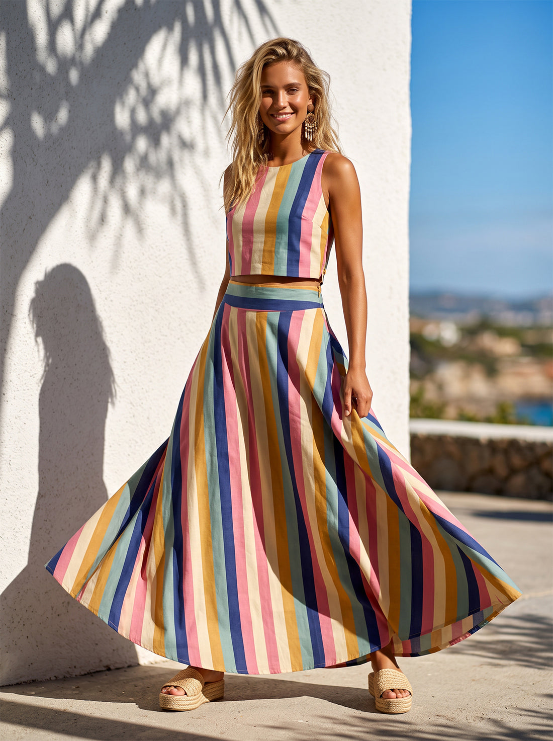 Renkli Kalın Çizgili  Maxi Etek ve Kolsuz Crop Bluz Takım