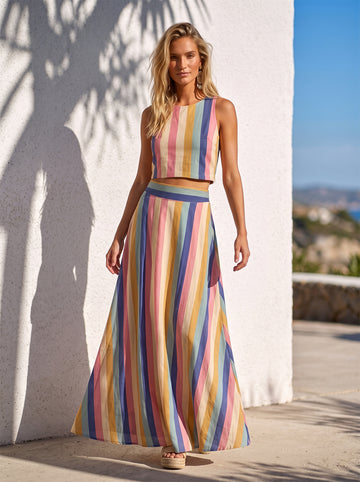 Renkli Kalın Çizgili  Maxi Etek ve Kolsuz Crop Bluz Takım