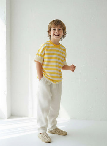 Boy's Ecru Linen Carrot Trousers + Yellow and White Striped Combed Cotton T-Shirt