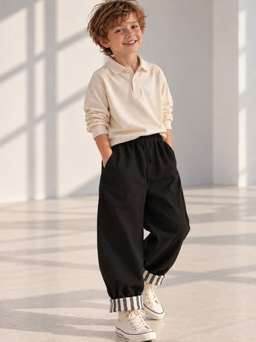 Siyah Gabardin Paçası Çizgili  Boyfriend Pantolon