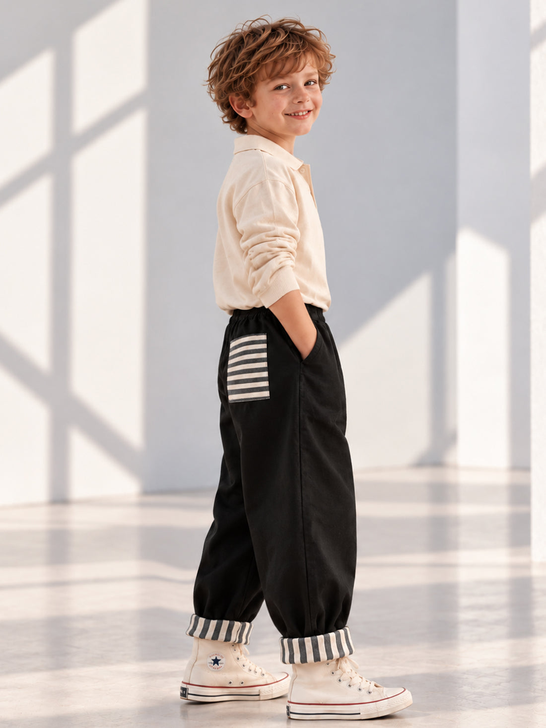 Siyah Gabardin Paçası Çizgili  Boyfriend Pantolon