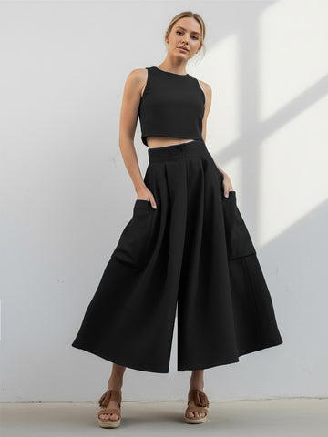 Siyah Keten Kali Kargo Pantolon ve Crop Bluz Takım