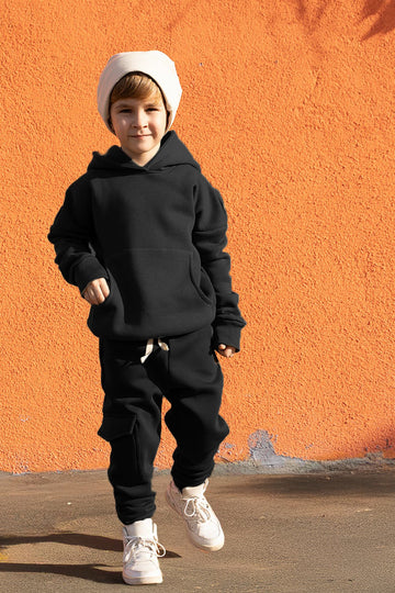 Siyah 3 İplik Şardonlu Kapüşonlu Eşofman Takım