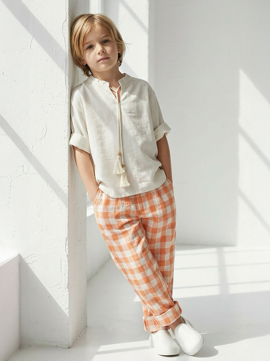 Turuncu Ekose Keten Carrot Pantolon + Krem Keten İpli Gömlek