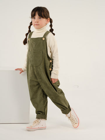 Haki Rengi Kadife Velvet Askılı Tulum Kız Çocuk