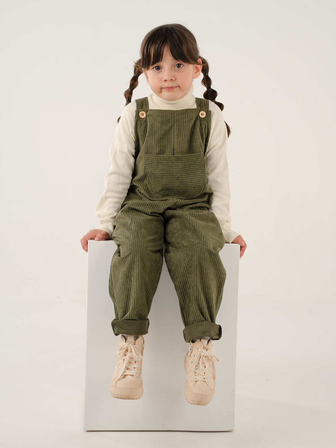 Haki Rengi Kadife Velvet Askılı Tulum Kız Çocuk