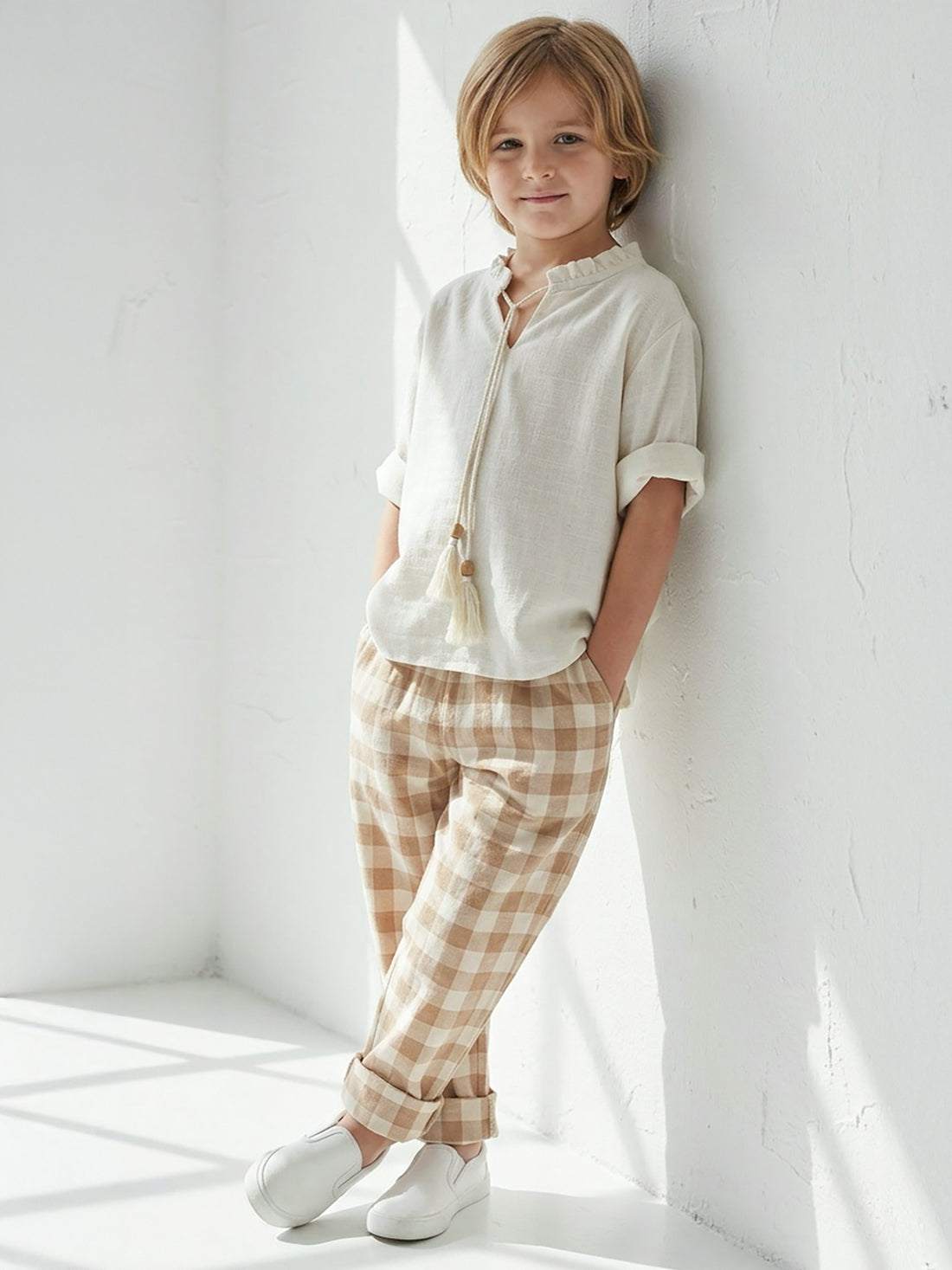 Vizon Ekose Keten Carrot Pantolon + Krem Keten İpli Gömlek